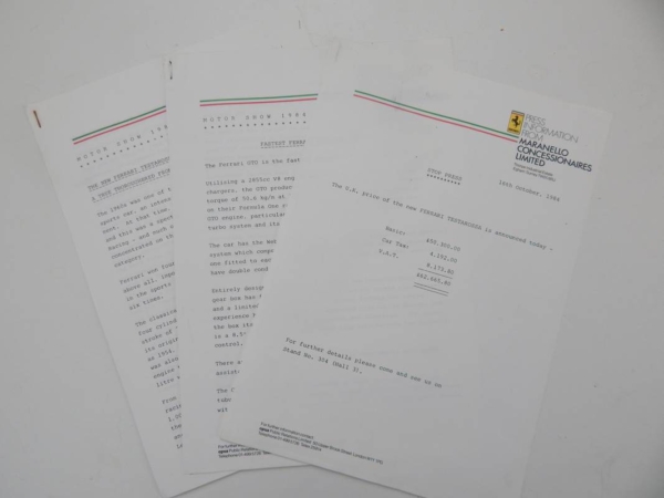 Ferrari 1984 UK Dealer Sales Brochure Documents