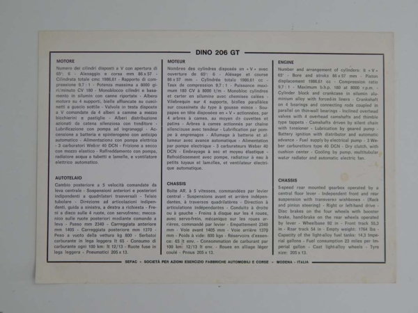 Ferrari 206 Dino Brochure Pamphlet