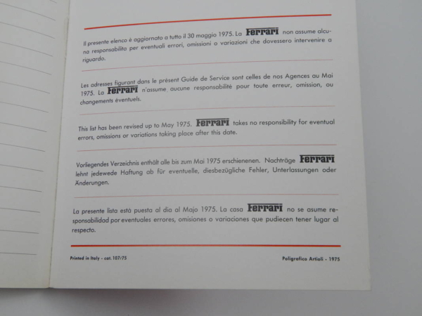 Ferrari 1975 Dealer Directory “Servizi Vendita E Assistenza” 365 308