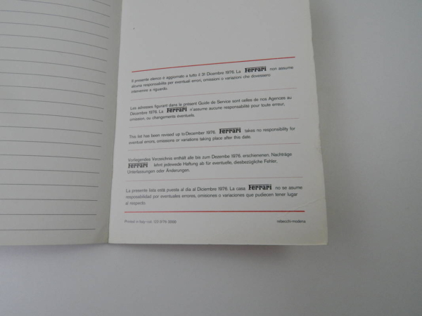 Ferrari 1976 Dealer Directory “Servizi Vendita E Assistenza” 365 308 512