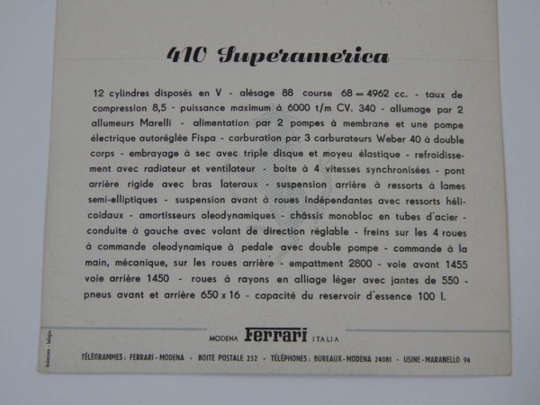 Ferrari 410 SA 375 MM Postcard Pamphlet Brochure