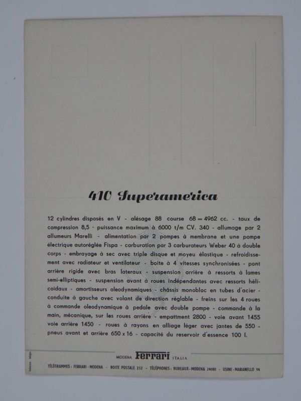 Ferrari 410 SA 375 MM Postcard Pamphlet Brochure