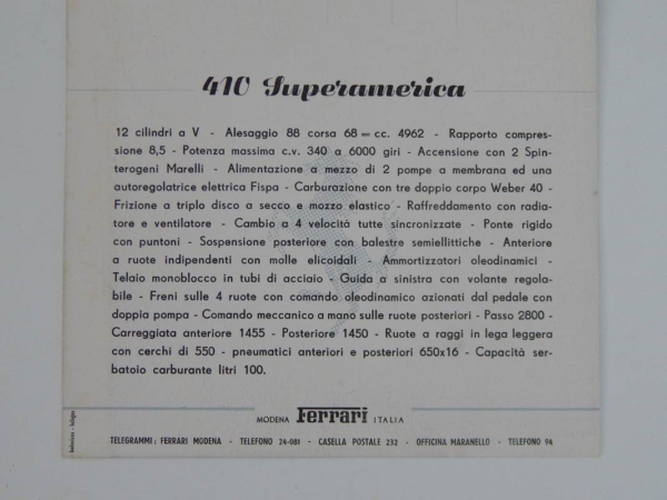 Ferrari 410 SA 375 MM Postcard Pamphlet Brochure