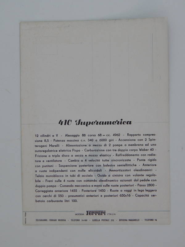 Ferrari 410 SA 375 MM Postcard Pamphlet Brochure