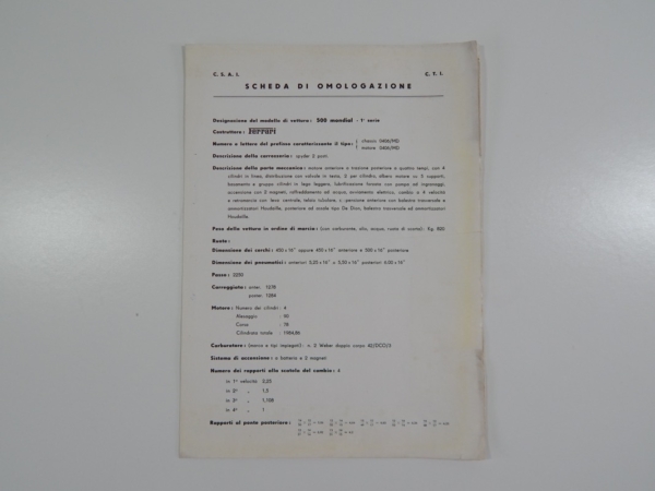 Rare 1950s Ferrari 500 Mondial Scheda di Omologazione Homologation Sheet