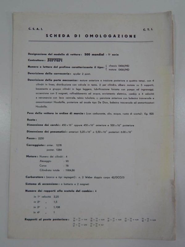 Rare 1950s Ferrari 500 Mondial Scheda di Omologazione Homologation Sheet