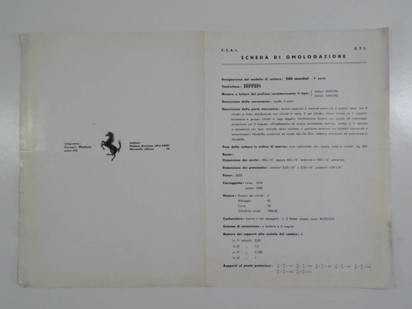 Rare 1950s Ferrari 500 Mondial Scheda di Omologazione Homologation Sheet