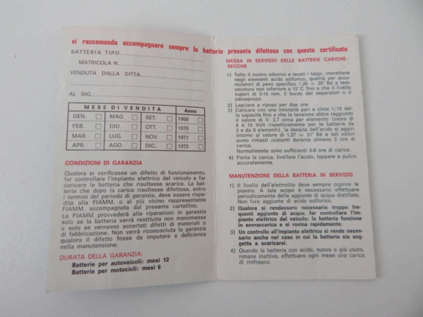 Fiamm Battery Guarantee Warranty Card