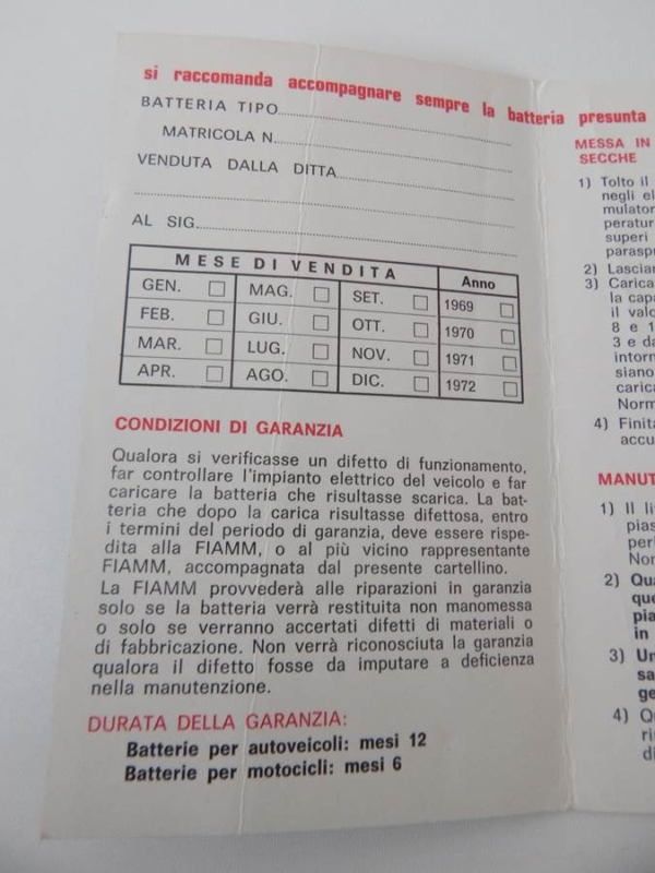 Fiamm Battery Guarantee Warranty Card
