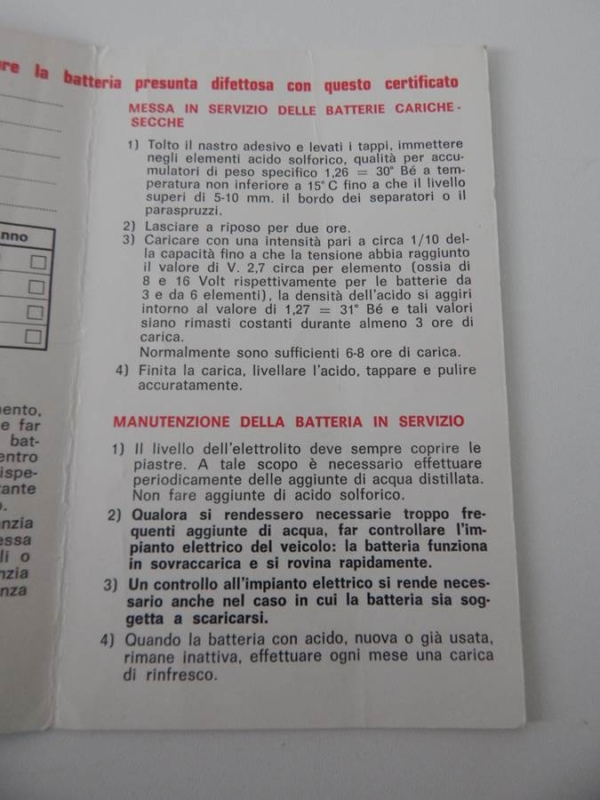 Fiamm Battery Guarantee Warranty Card