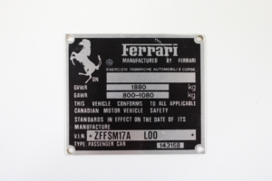 1976-85 NOS Ferrari 308 VIN Identification Plate ZFFSM17A Canada