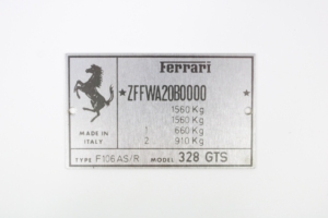 1985-89 NOS Ferrari 328 VIN Identification Plate ZFFWA20B0000