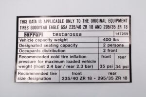 1985-90 Ferrari Testarossa OEM Tyre Inflation Sticker Decal Goodyear Eagle GSA 147259