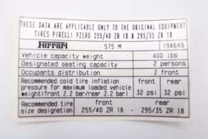 2002-2006 Ferrari 575M OEM Tyre Inflation Sticker Decal Pirelli P-Zero 194648