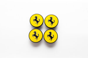 1973-93 NOS Ferrari OEM Yellow Black Cavallino Centre Wheel Cap Set 308 328 Testarossa 512 BB TR Mondial 000226245
